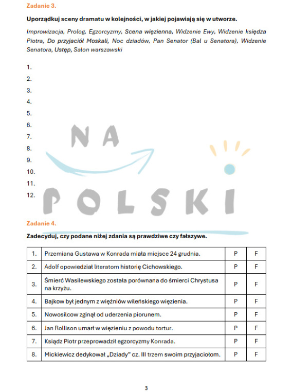"Dziady cz. III" - sprawdzian ze znajomości lektury | Na Polski